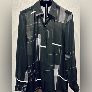 Vintage Joan Leslie Sheer Black & White Linear Print Blouse - Size 10 (Women’s)